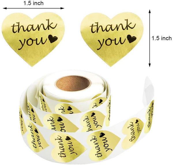 BESTEASY Gold Heart Shape Thank You Stickers, Foil Decorative Sealing Labels, 500 Stickers/Roll, 1.5" Diameter