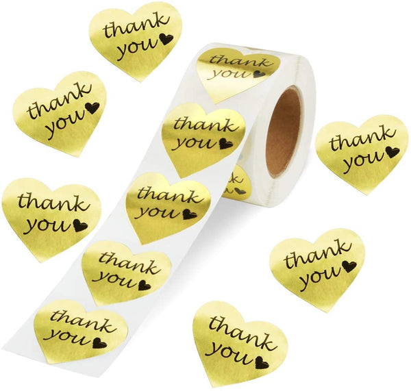 BESTEASY Gold Heart Shape Thank You Stickers, Foil Decorative Sealing Labels, 500 Stickers/Roll, 1.5" Diameter